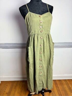 Spaghetti Strap Olive Green Button-Front Maxi Dress